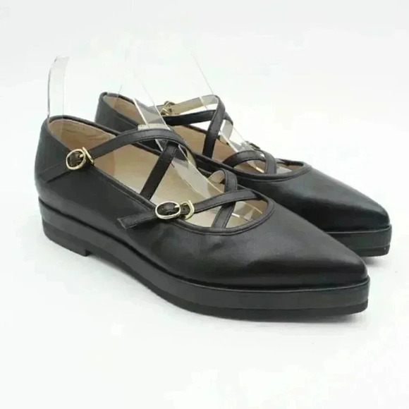 FREE PEOPLE Kriss Kross Black Leather Point Toe Chunky Mary Jane Flats - Picture 2 of 9